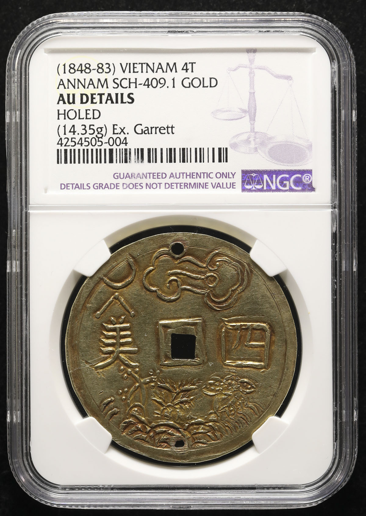 オークション,ANNAM 安南 嗣徳通宝金銭 背四美 Tu-Duc 4Tien in Gold ND(1848~53) NGC-AU  Details“Holed“