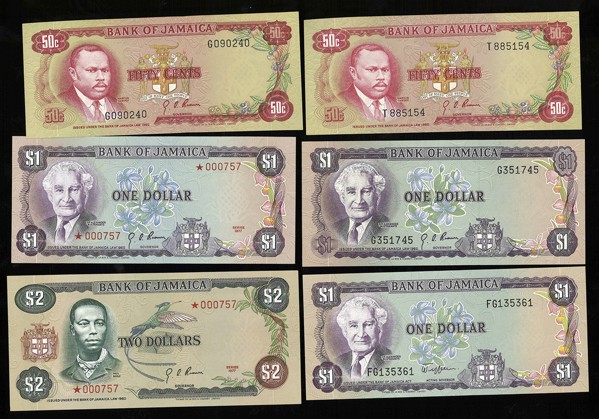 貨幣博物館 | JAMAICA ジャマイカ Paper Money 紙幣 50C(×2)、1D(×3)、2D(×3)、5D(×1 )、10D(×2)、20D(×1) 1977~95 UNC+