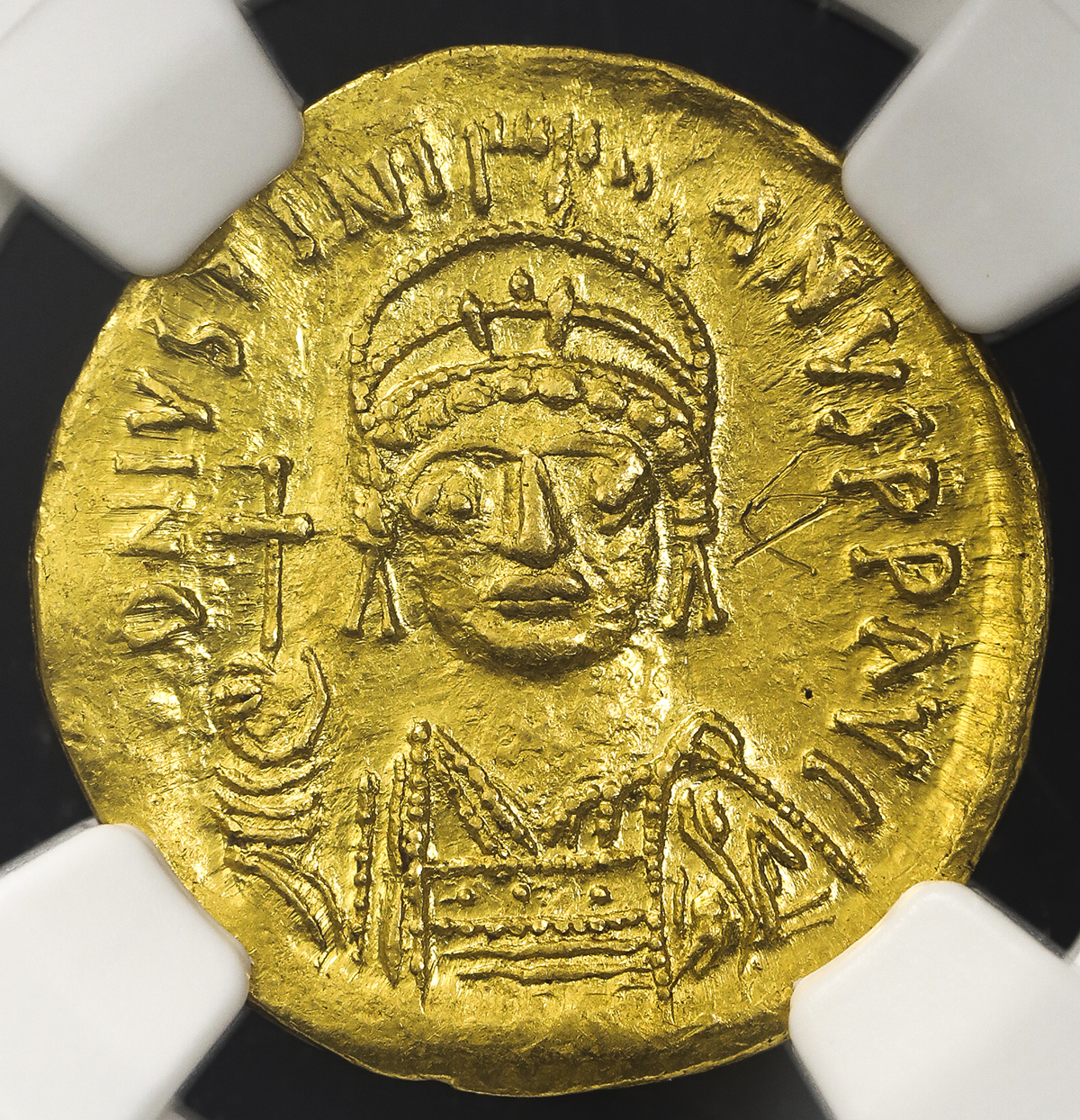 貨幣博物館 Byzantine Empire ビザンチン帝国 Av Solidus Justinian I ユスティニアヌス1世 Ad527 565 軽い切り取り 肖像にスクラッチ Au Unc