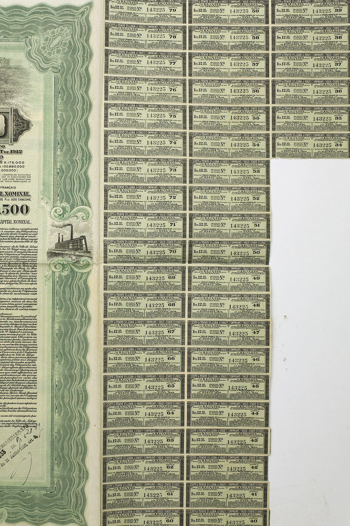 貨幣博物館 | 債券:東京市債券 利札(x46) 500Fcs 1912 (VF)上品