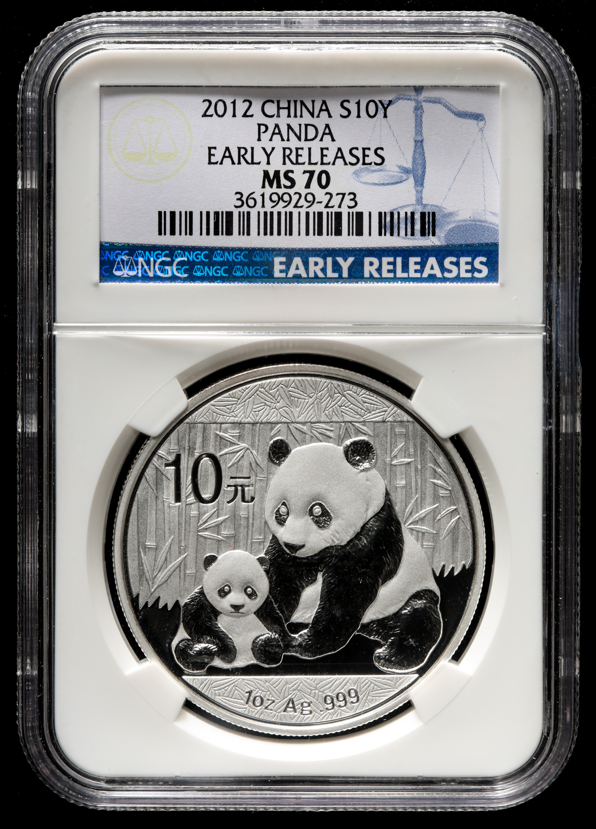 貨幣博物館 | 10元(Yuan) 2012 パンダ銀貨 NGC-MS70“Early Releases“