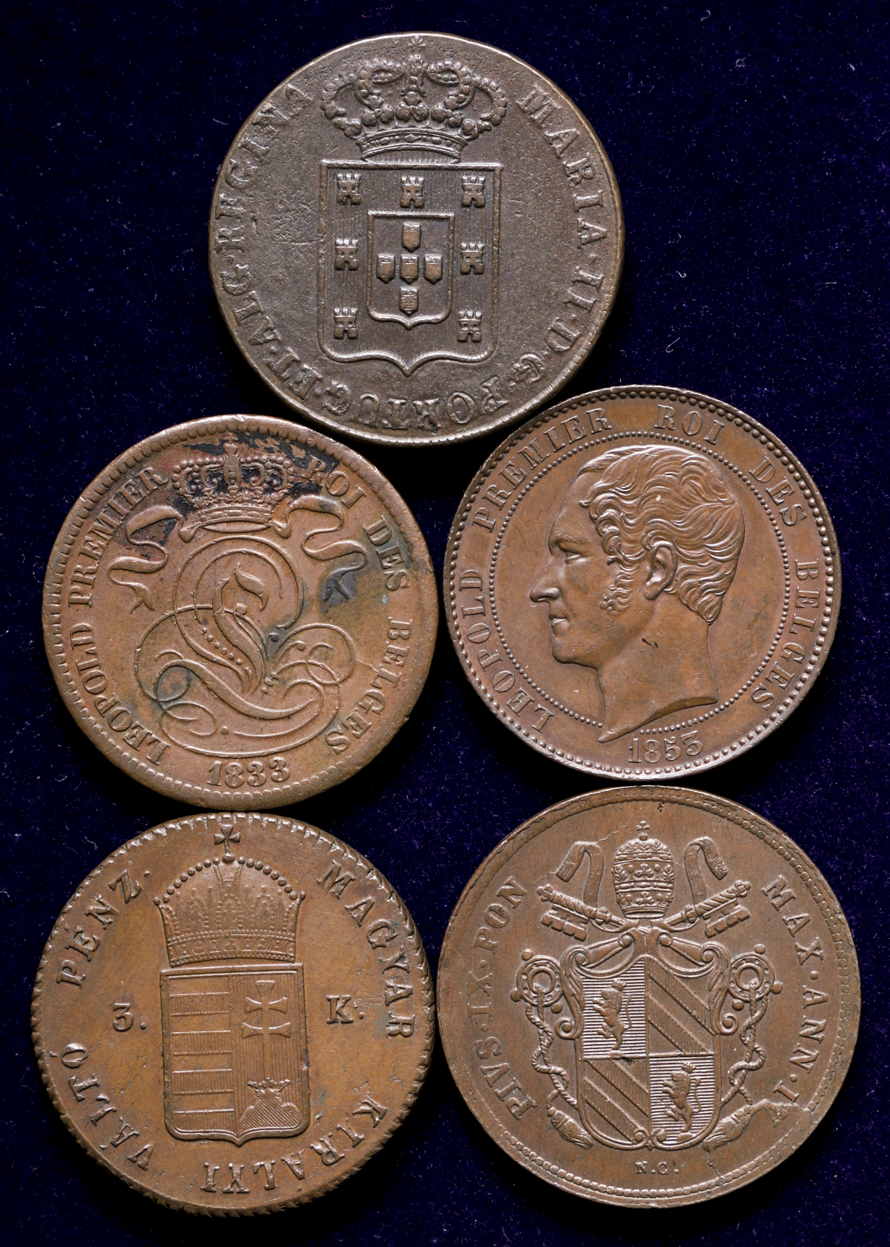 钱币博物馆 European Copper Coins ヨーロッパ諸国銅貨 Belgium ベルギー 10centimes 13 53 Italy Papal States ローマ教皇領 2baiocchi 1849r Hungary ハンガリー 3krajczar 1849 Portugal ポルトガル 40reis 13 Mixed Condition状態混合