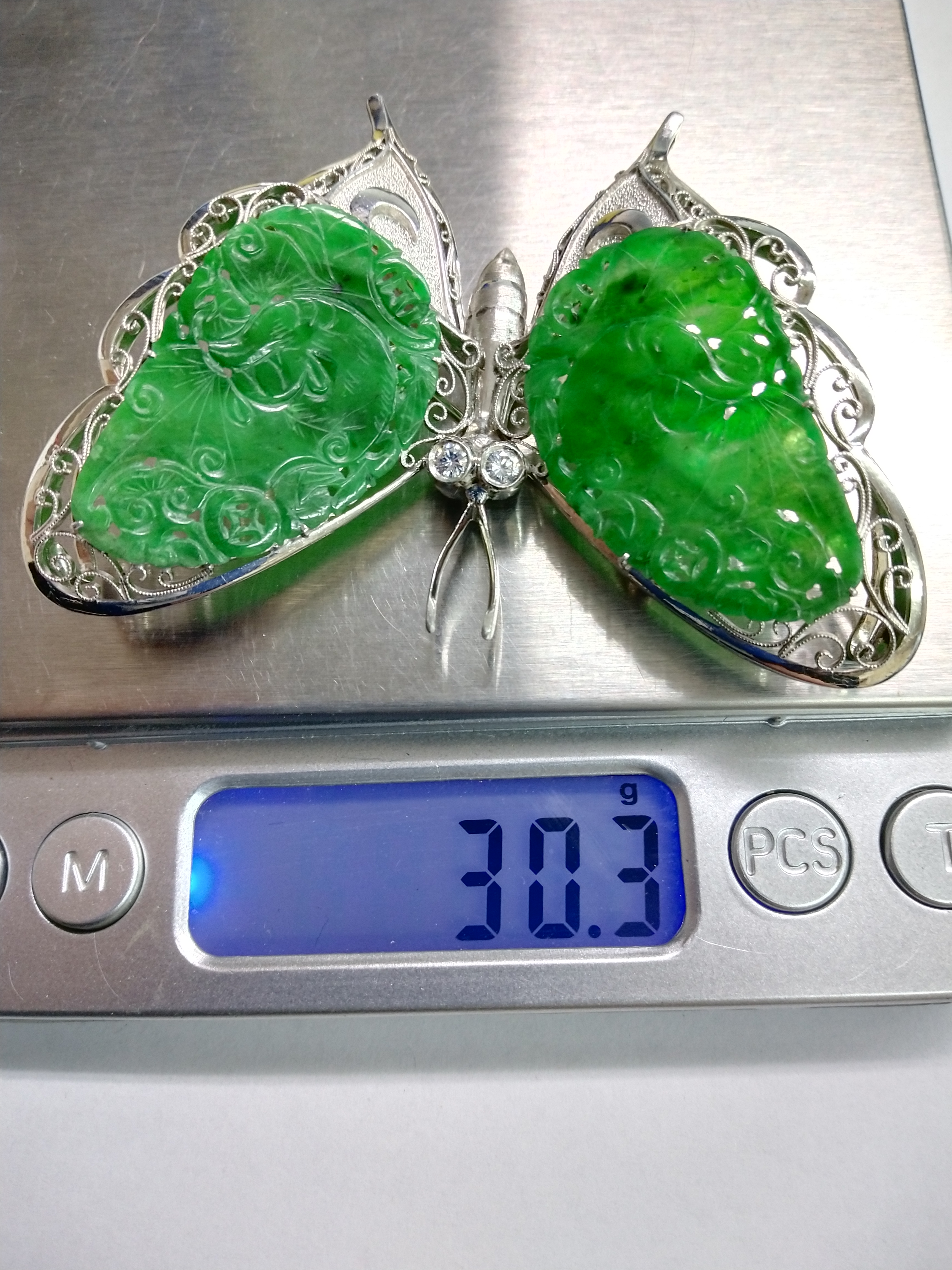 Pt900 翡翠 ダイヤモンド ブローチ 貨幣博物館 | 天然翡翠（ヒスイ）ブローチ 30g Pm900刻印 天然