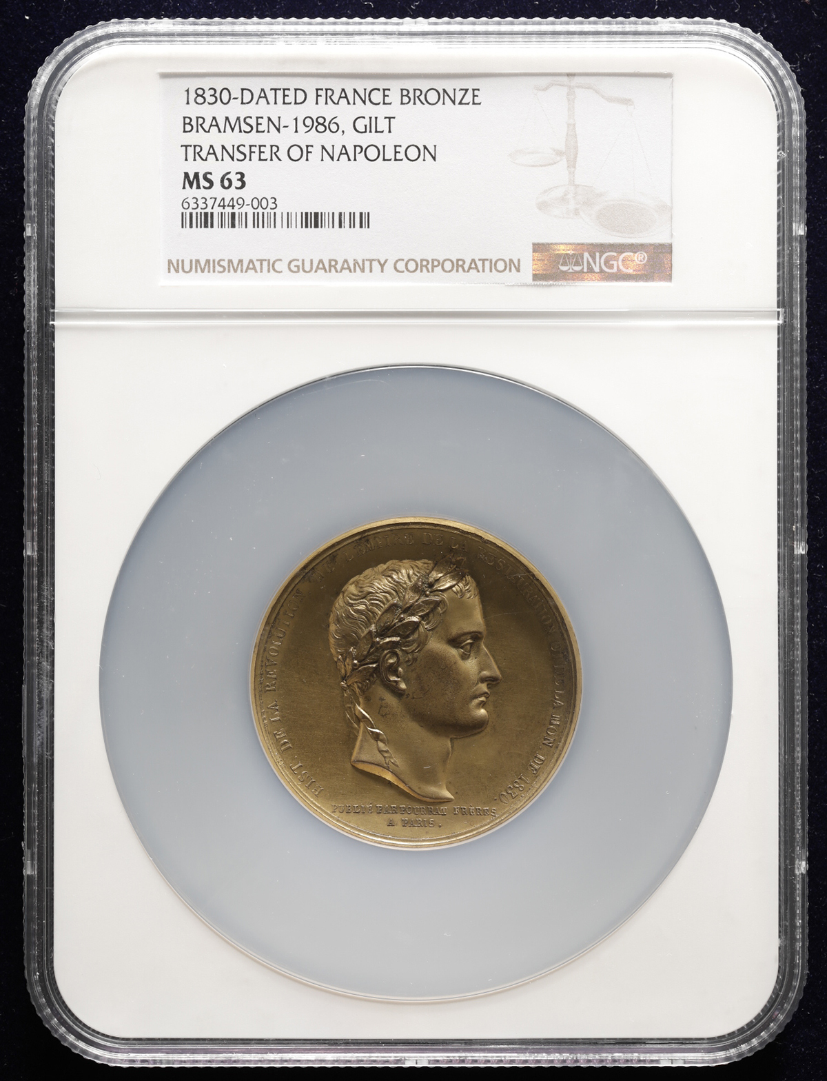 auction,NGC-MS63FRANCE Napoleon I ナポレオン1世（1802~15） Gilt Bronze Medal  1830-Dated UNC