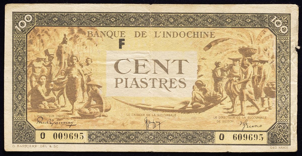 貨幣博物館 | 紙幣 Banknotes French Indo China 仏領インドシナ 100Piastres ND（1936-39）  Signiture9 穴多 F+