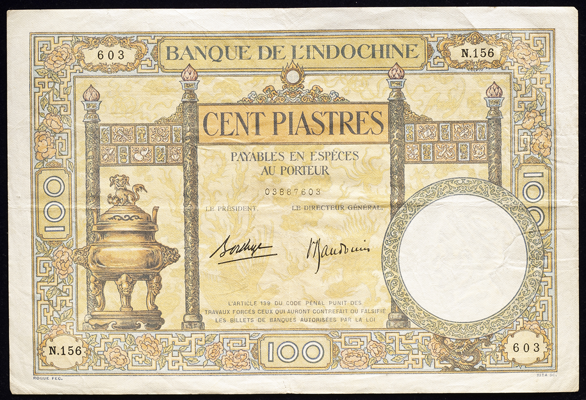 限时竞拍,紙幣Banknotes French Indo China 仏領インドシナ100Piastres ND（1936-39）  Signiture9下部小裂け-EF