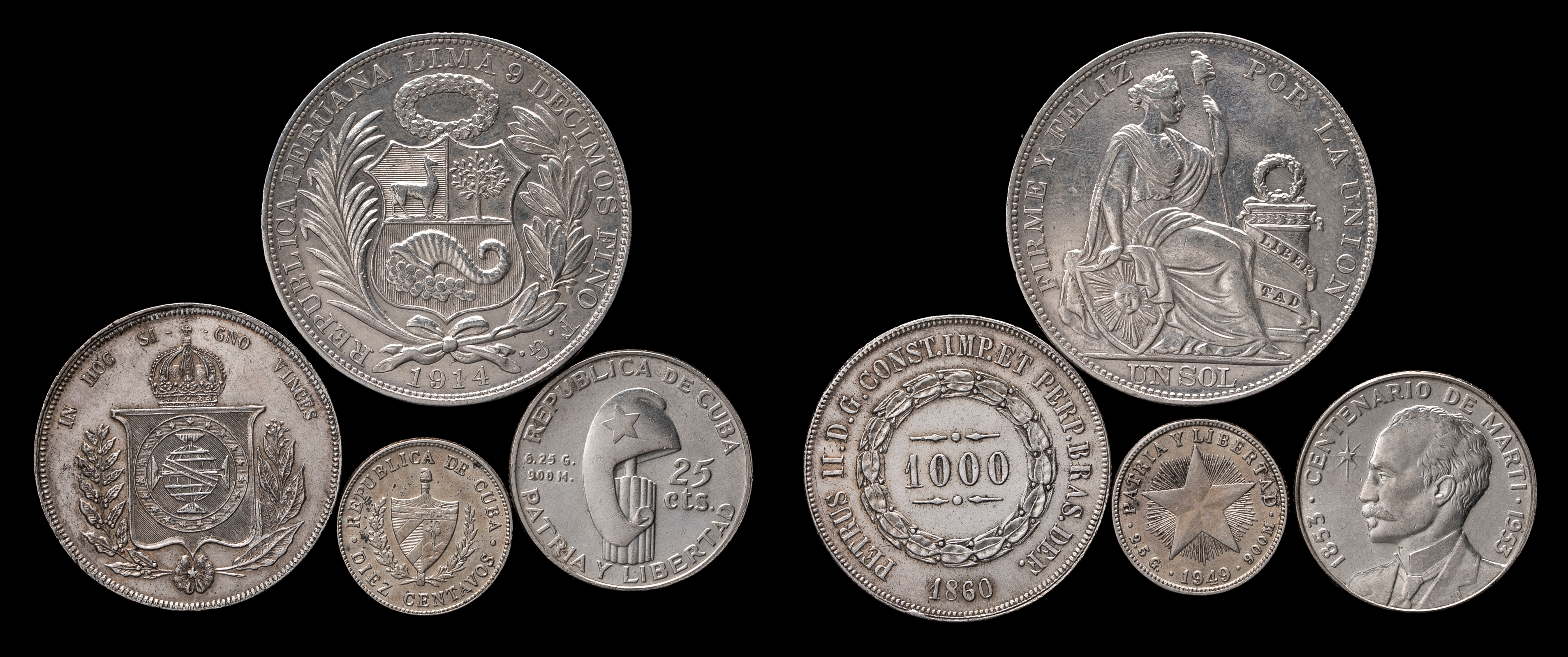 貨幣博物館 | CUBA キューバ10,25Centavos;ブラジル 1000Reis;PERU ペルー Sol 1914 銀貨4枚組 返品不可  Sold as is No returns