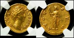 Roman Empire ローマ帝国 AV Aureus Faustina Sr.大ファウスティナ（アントニヌス・ピウスの妻）AD138~140/1   NGC-XF“Strik5/5 Surface3/5” ファウスティナ右向き胸像/パテラと舵を持つフォルチュナ立像（6.75g）