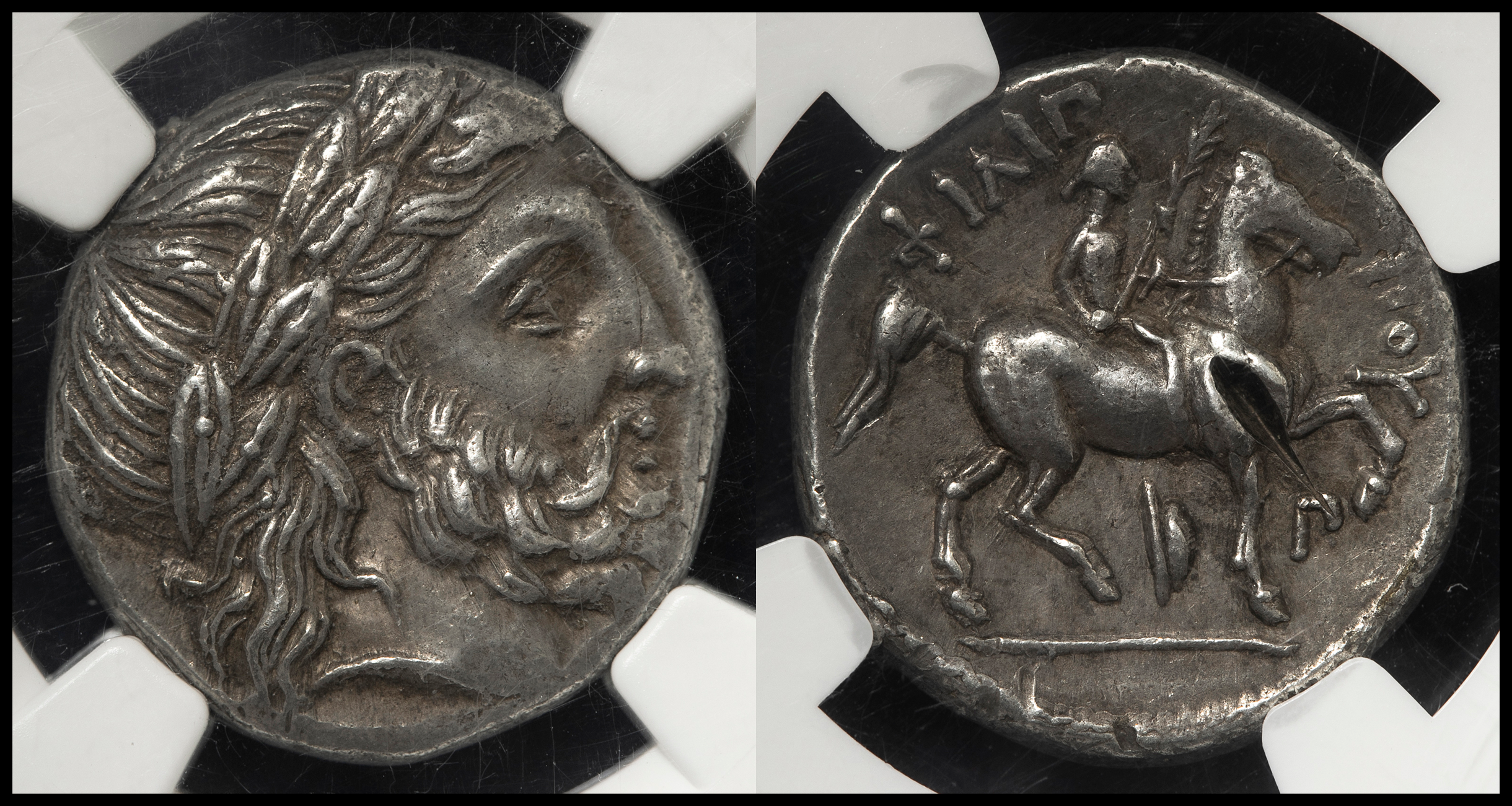 貨幣博物館 | Kingdom of Macedon マケドニア王国 AR Tetradrachm フィリッポス2世 Philip II  359~336BC 裏面にテストカット ｰEF