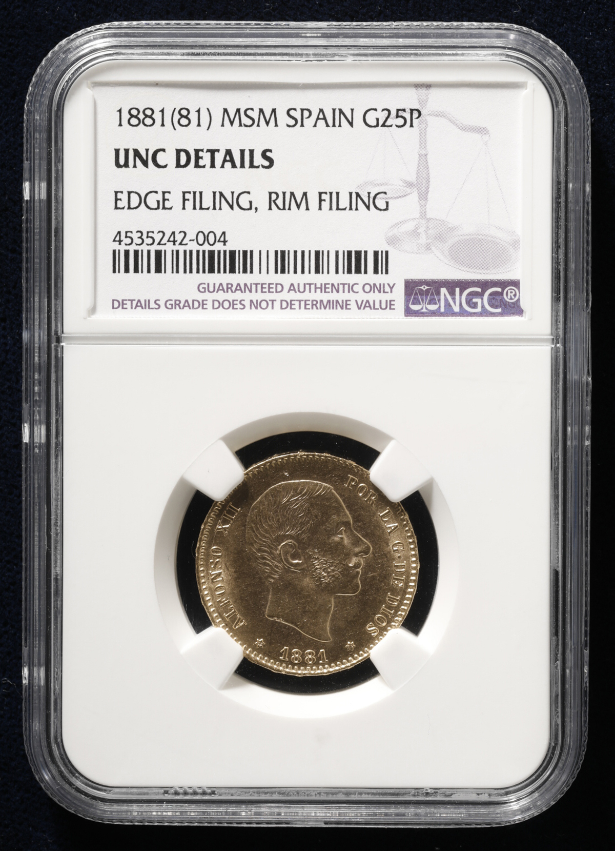 auction,NGC-UNC Details“Edge Filing,Rim Filing” SPAIN スペイン 25Pesetas 1881（81）MS-M  エッジ,リムに小傷ある以外 AU