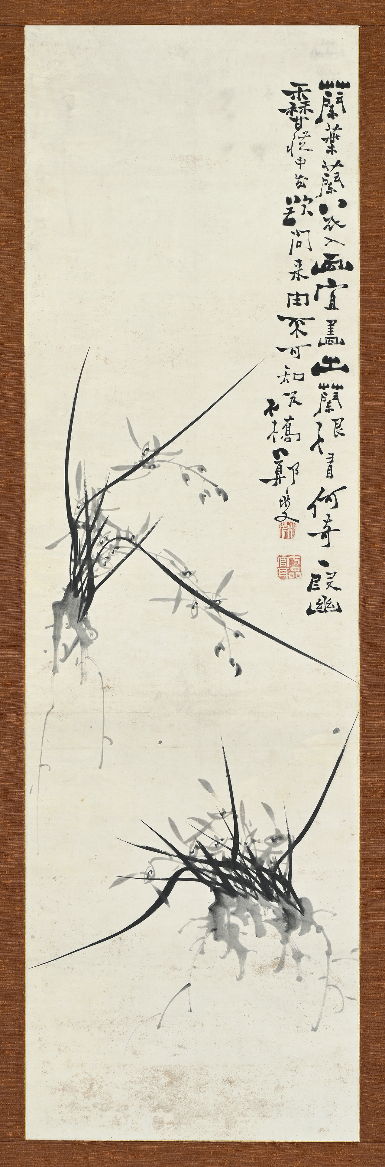 auction,鄭板橋（清） 墨蘭146.0×43.2cm 水墨紙本立軸返品不可Sold as 