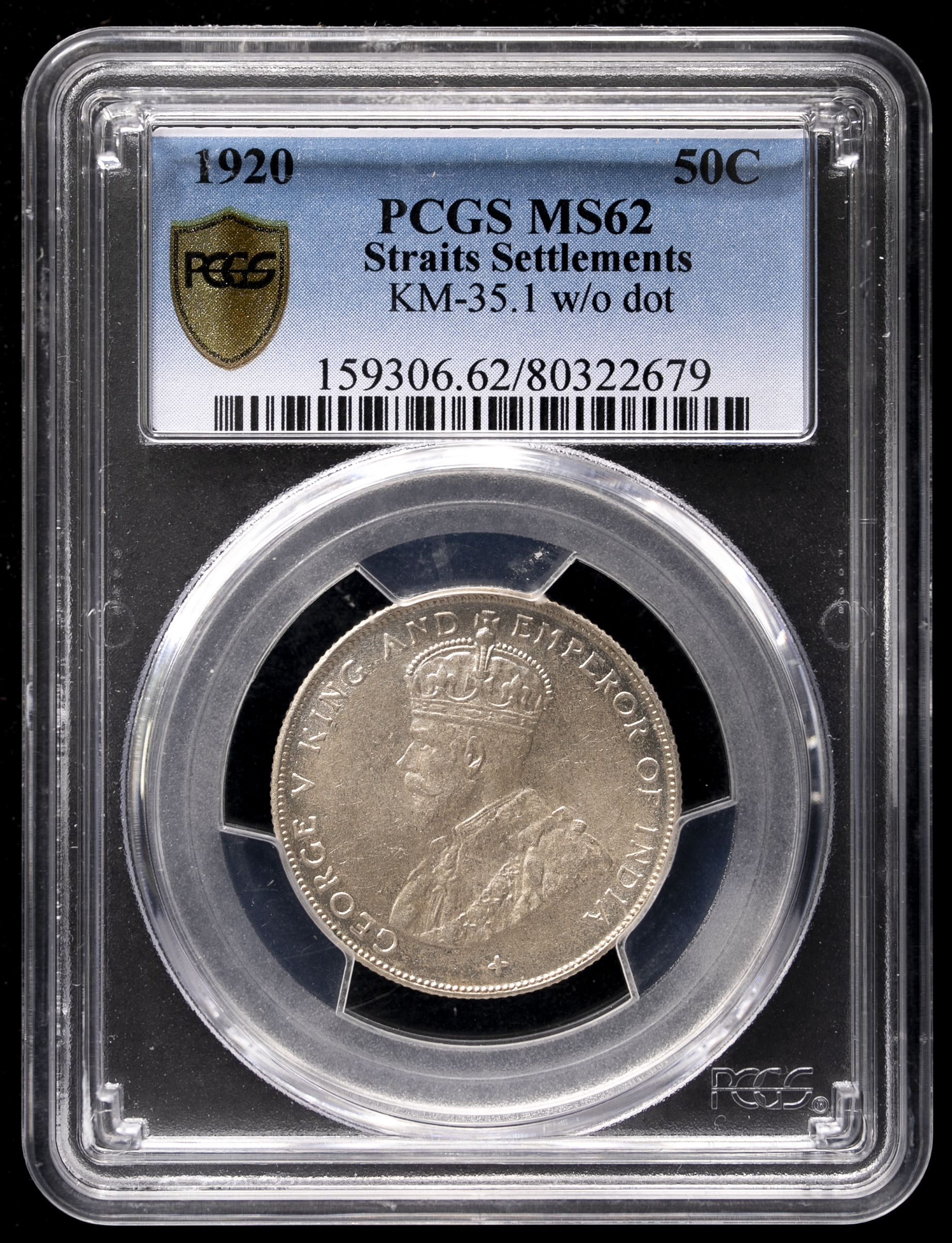 1921年 ジョージ5世 海峡植民地50セント銀貨　高鑑定 MS64 1921年 ジョージ5世 海峡植民地50セント銀貨 高鑑定 MS64 Straits