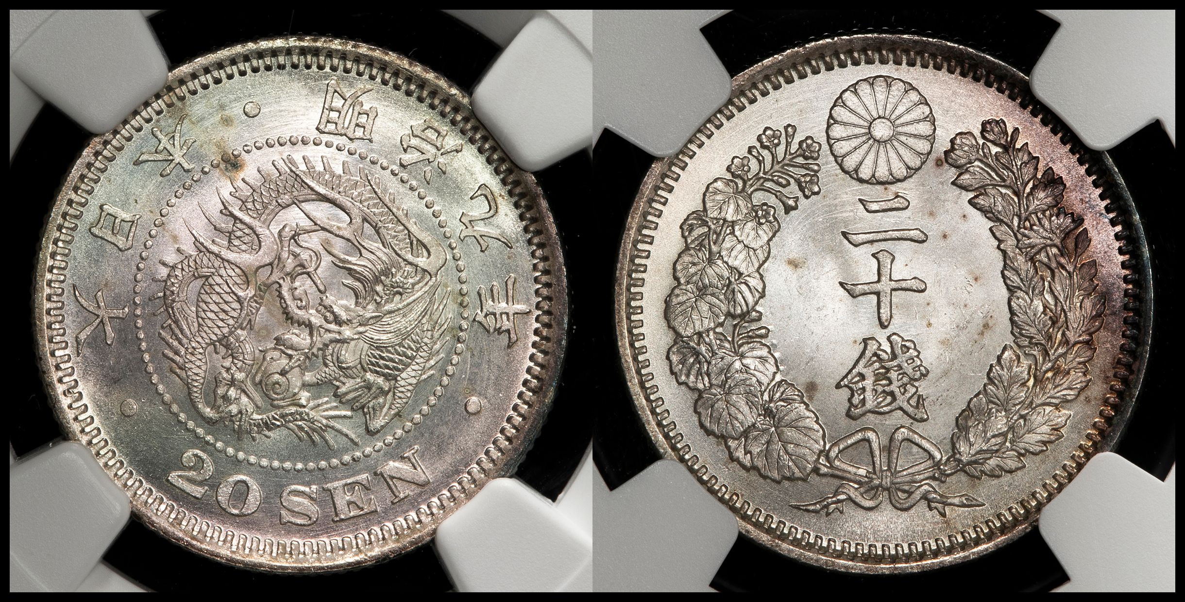 オークション,日本 竜二十銭銀貨 Dragon 20Sen 明治9年（1876） NGC-MS66