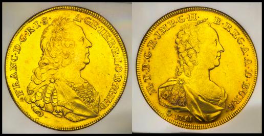HOUSE OF HABSBURG Franz フランツ1世（1745~65）&Maria Theresia マリア・テレジア（1740~80）  10Souverain d‘or 1751 NGC-AU55