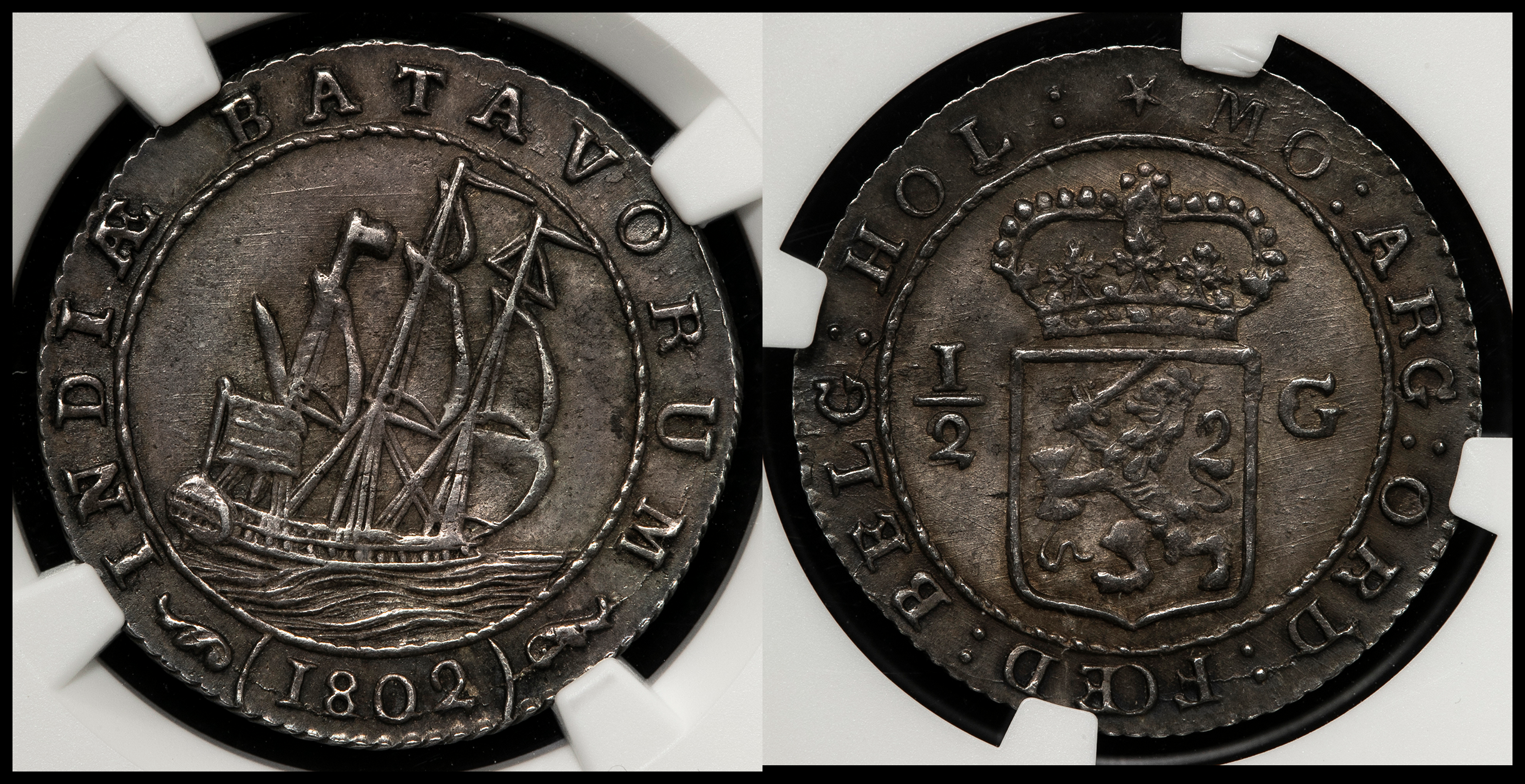 貨幣博物館 | NETHERLANDS EAST INDIES Batavian Rep オランダ領東インド・バタヴィア共和国 1/2Gulden  1802 UNC