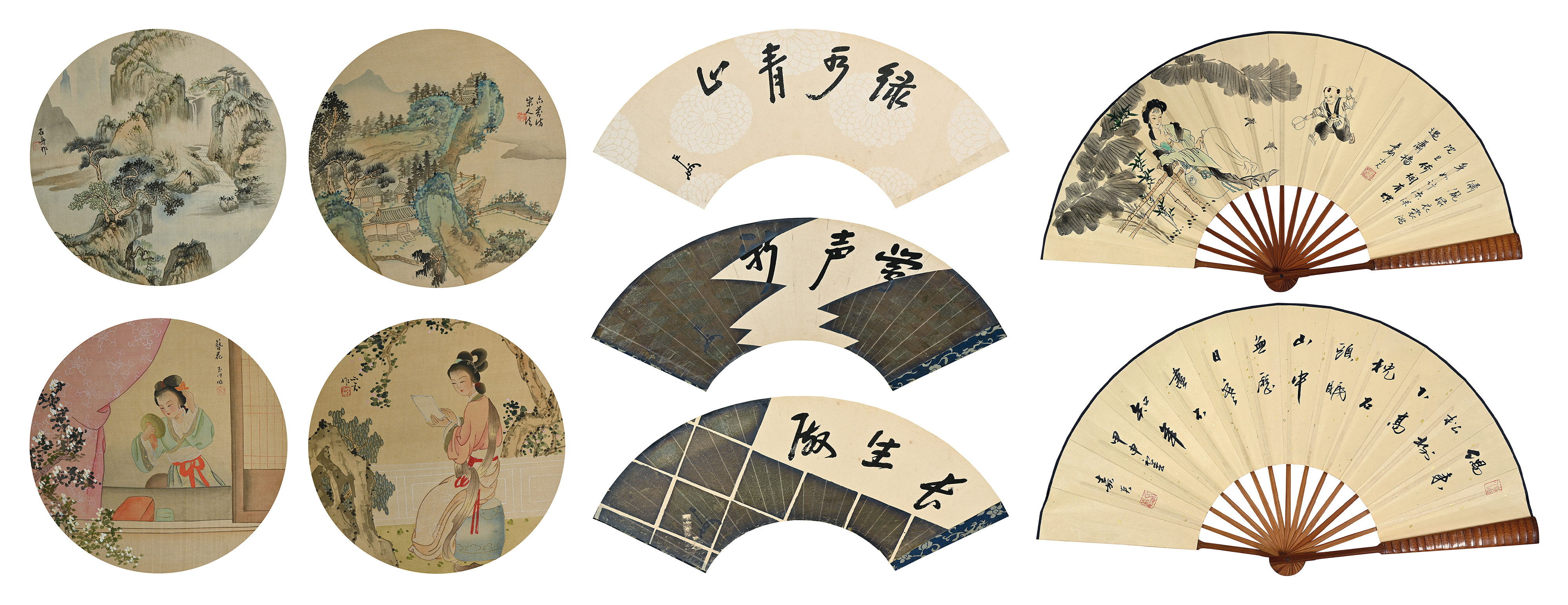 美品 扇柄屏風 ベージュ系 屏風絵 ヴィンテージ品 昭和レトロ 二扇 貨幣博物館 | 人物、成扇、屏風、山水六幅