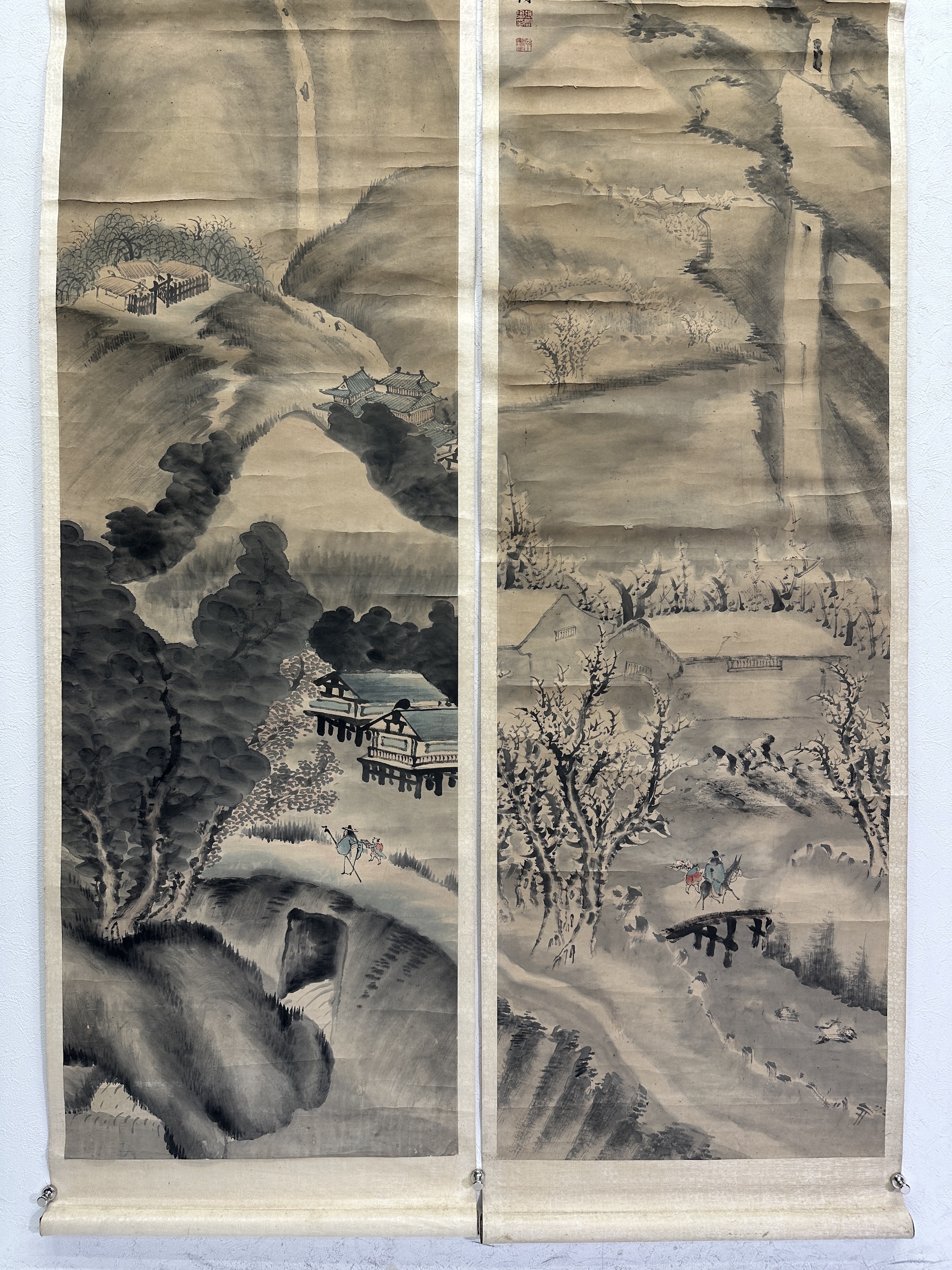 auction,張問陶（清） 山水雙幅1798年作171.0×44.0cm×2 設色紙本立軸 ...