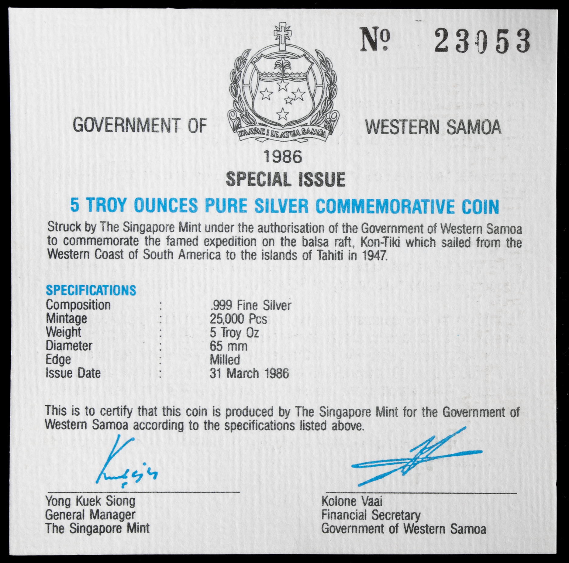 貨幣博物館 | SAMOA サモア 25Tala 1986 返品不可 Sold as is No returns