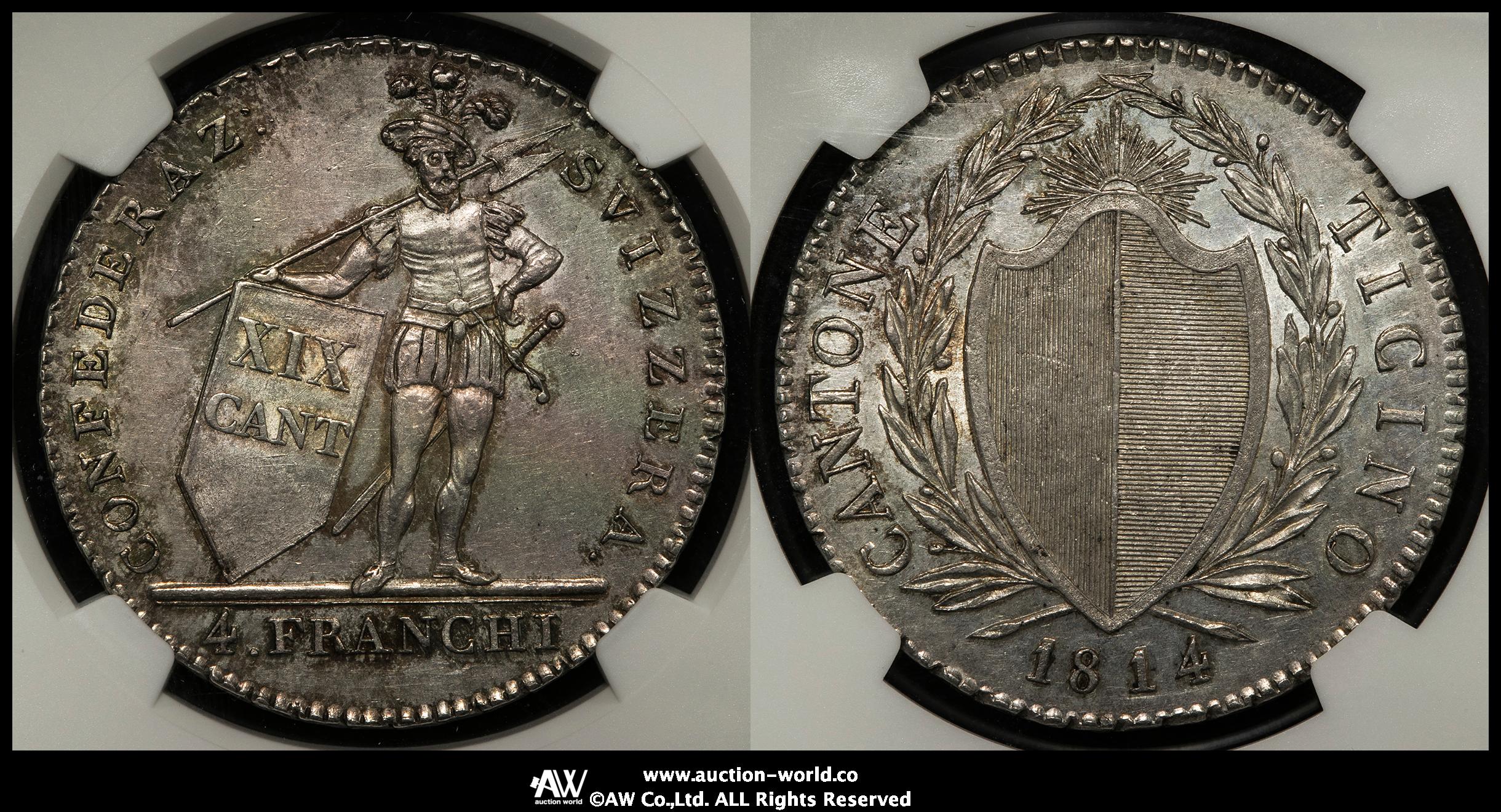 貨幣博物館 | SWITZERLAND Ticino ティッチーノ 4Franchi 1814 AU/UNC