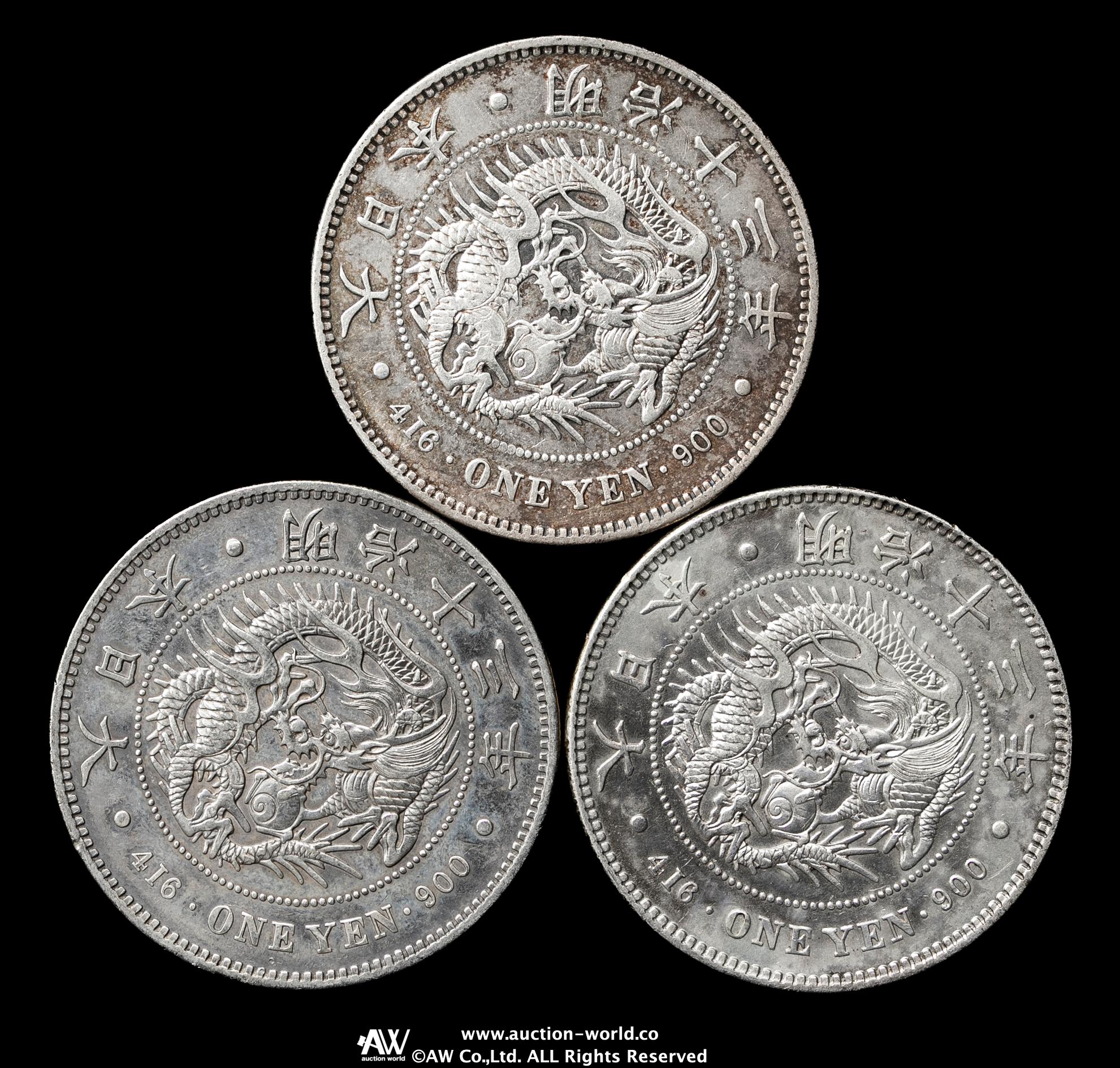 限时竞拍,新一圓銀貨明治13年（1880） 計3枚（うち1枚左丸銀）
