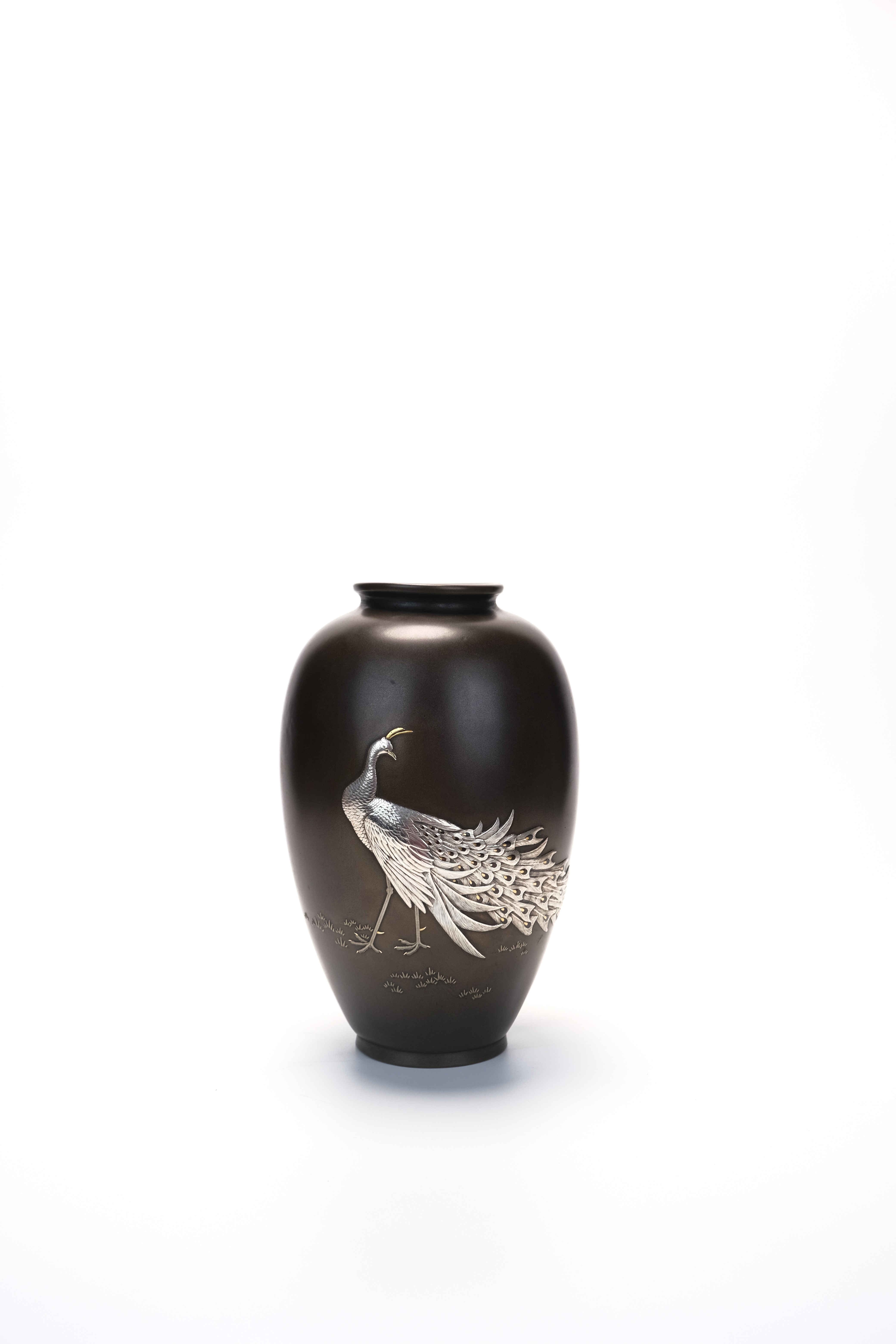 限时竞拍, 京都黑田造金銀象嵌孔雀紋銅花瓶H22.8 直径15 重さ1864g H22 
