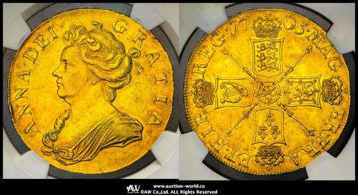 GREAT BRITAIN Anne アン（1702~14） 5Guineas 1705 NGC-AU55