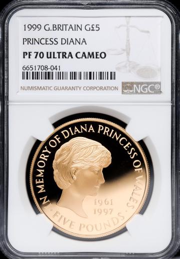 イギリス　NGC PF70 世界最高得点　エリザベス2世（1952~） 5Pounds 1999　ダイアナ妃金貨　   