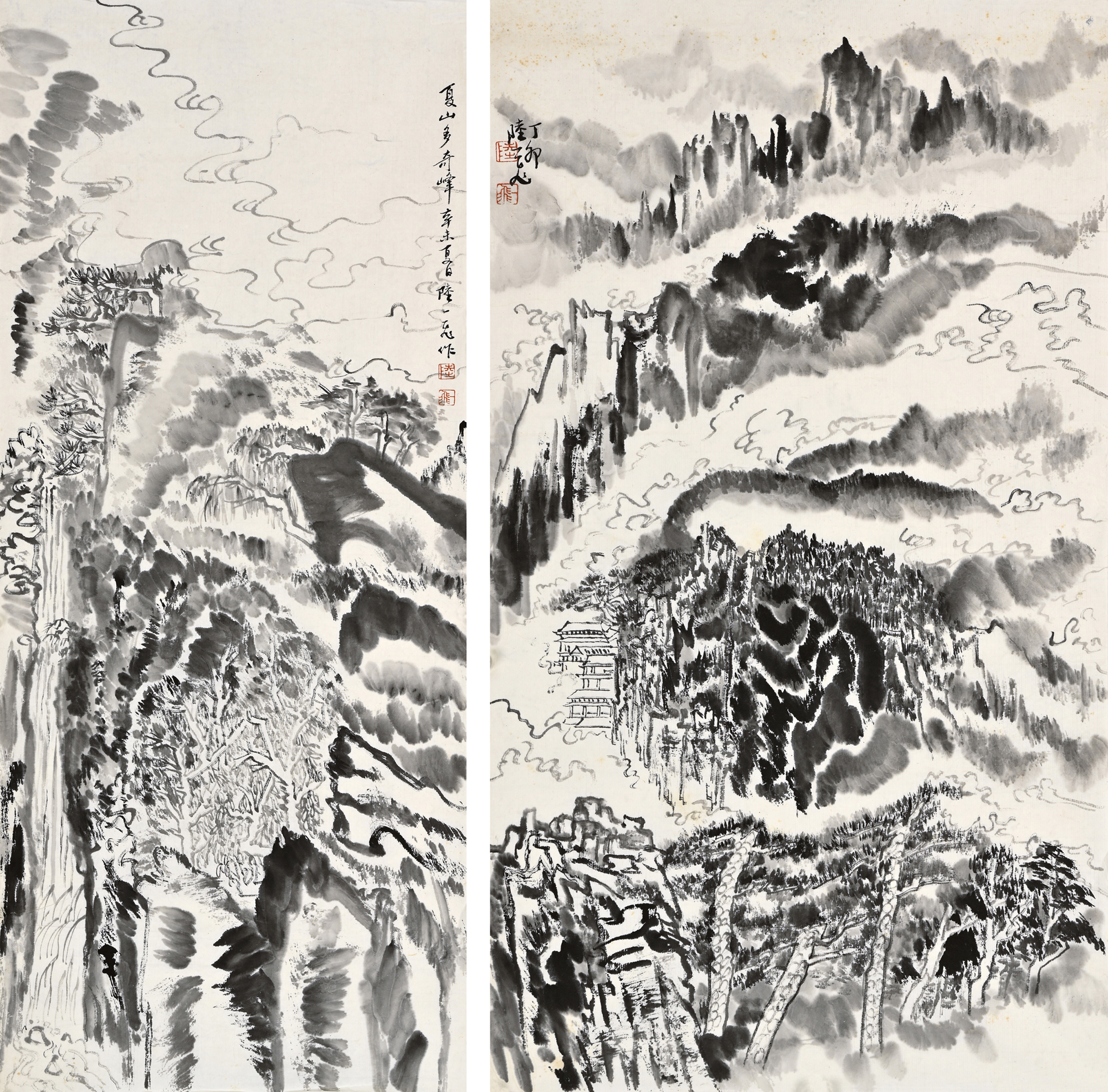 auction,陸一飛山水二幀①58.5×33.5cm ②78.7×33.5cm 水墨紙本鏡心返品 ...