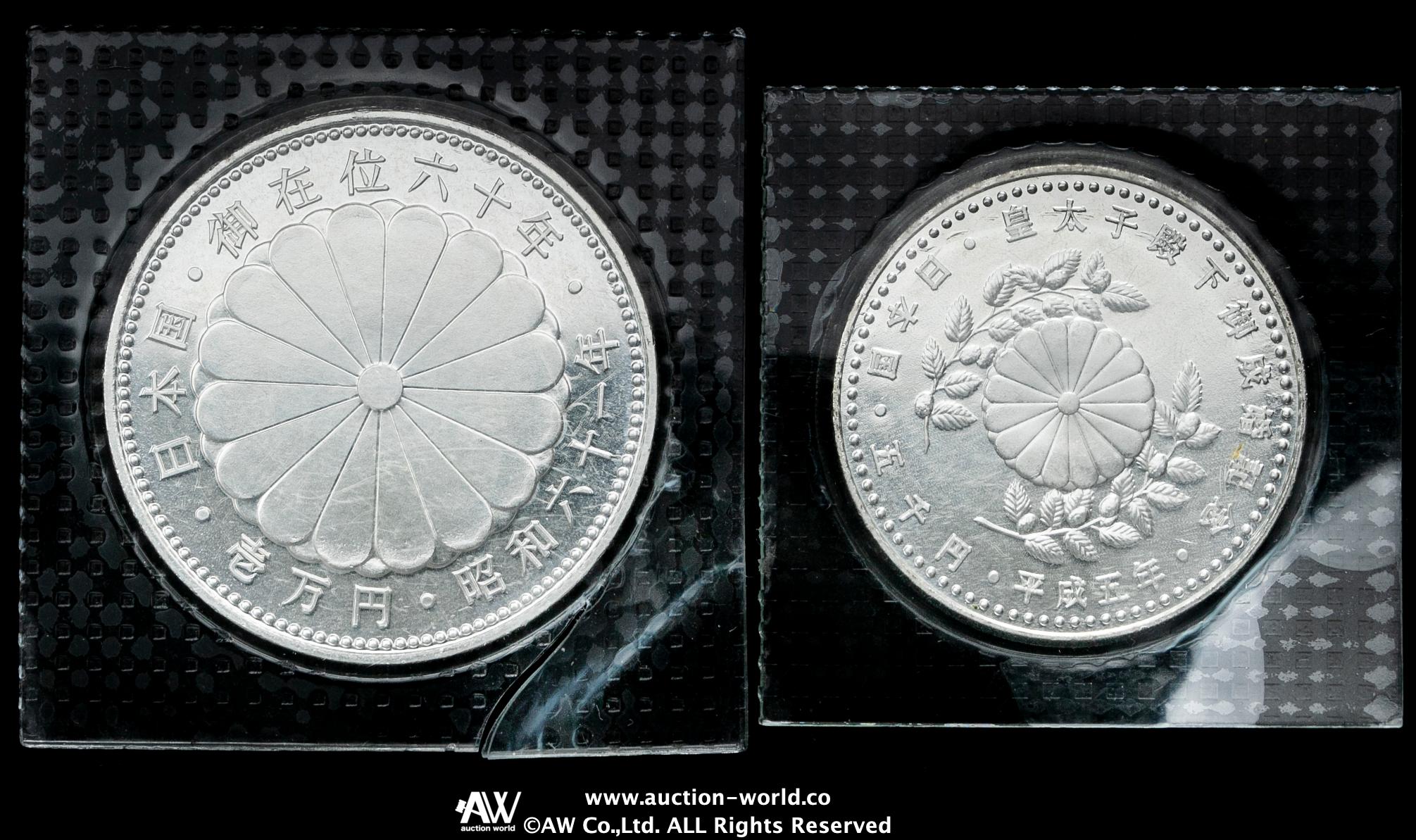 auction,皇太子殿下御成婚記念五千円銀貨 平成5年（1993）& 昭和天皇御在位60年記念一万円銀貨 昭和61年（1986）2枚組 （一万円銀貨 ）パッケージ割れ