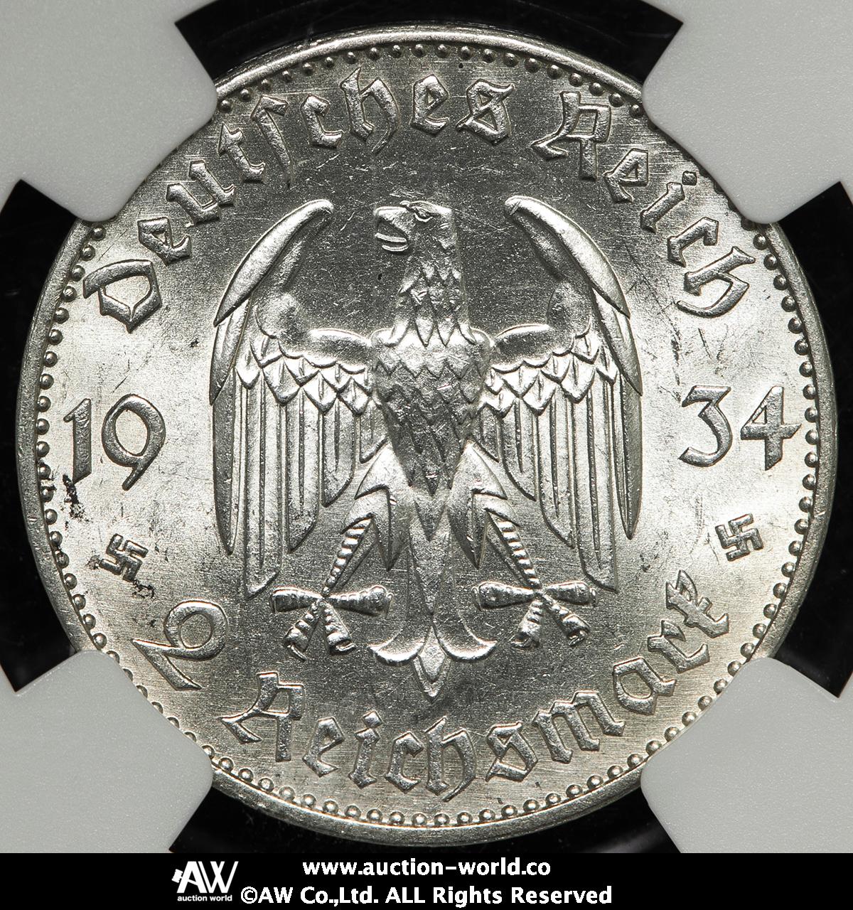 auction,GERMANY 3rd Reich 第三帝国（1933‐45） 2Mark 1934F NGC-MS60