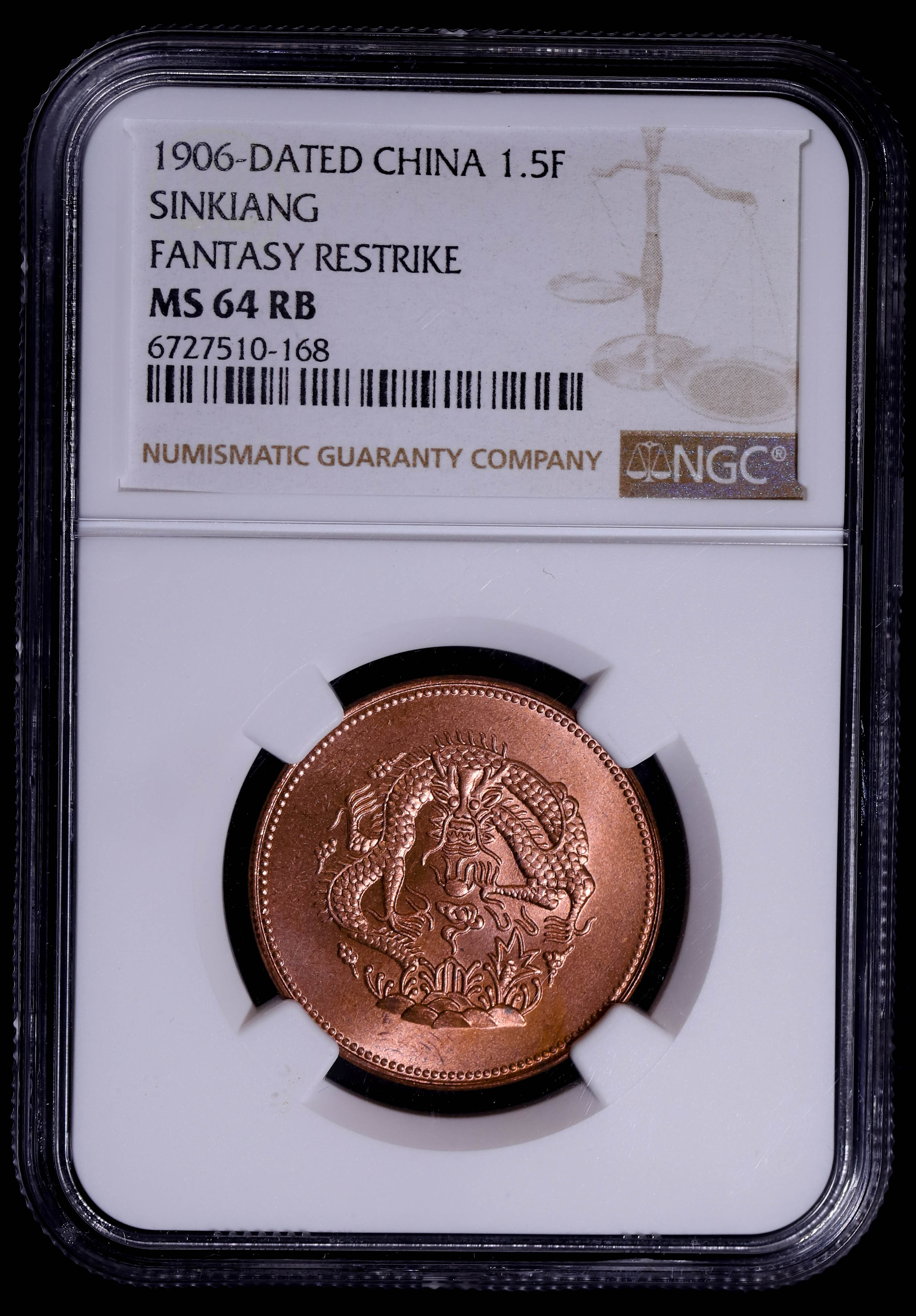 auction,（NGC-MS64RB）新疆省 Sinkiang 銅幣 光緒元宝 一分五厘 ND（1906） Fantasy Restrike  ファンタジーリストライク