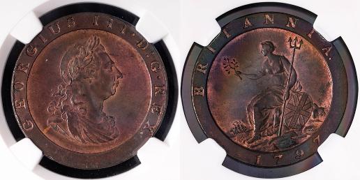 （NGC-MS63RB）GREAT BRITAIN George III ジョージ3世（1760~1820） Penny （1797Soho）  