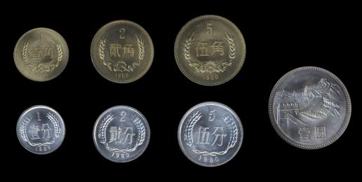 中国コイン 一元＆5角＆2角＆1角 中国人民銀行　青いカバー（1980）  