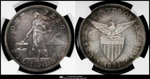 PHILIPPINES US Administration アメリカ統治下フィリピン Peso 1903  NGC-Proof Details“Cleaned”