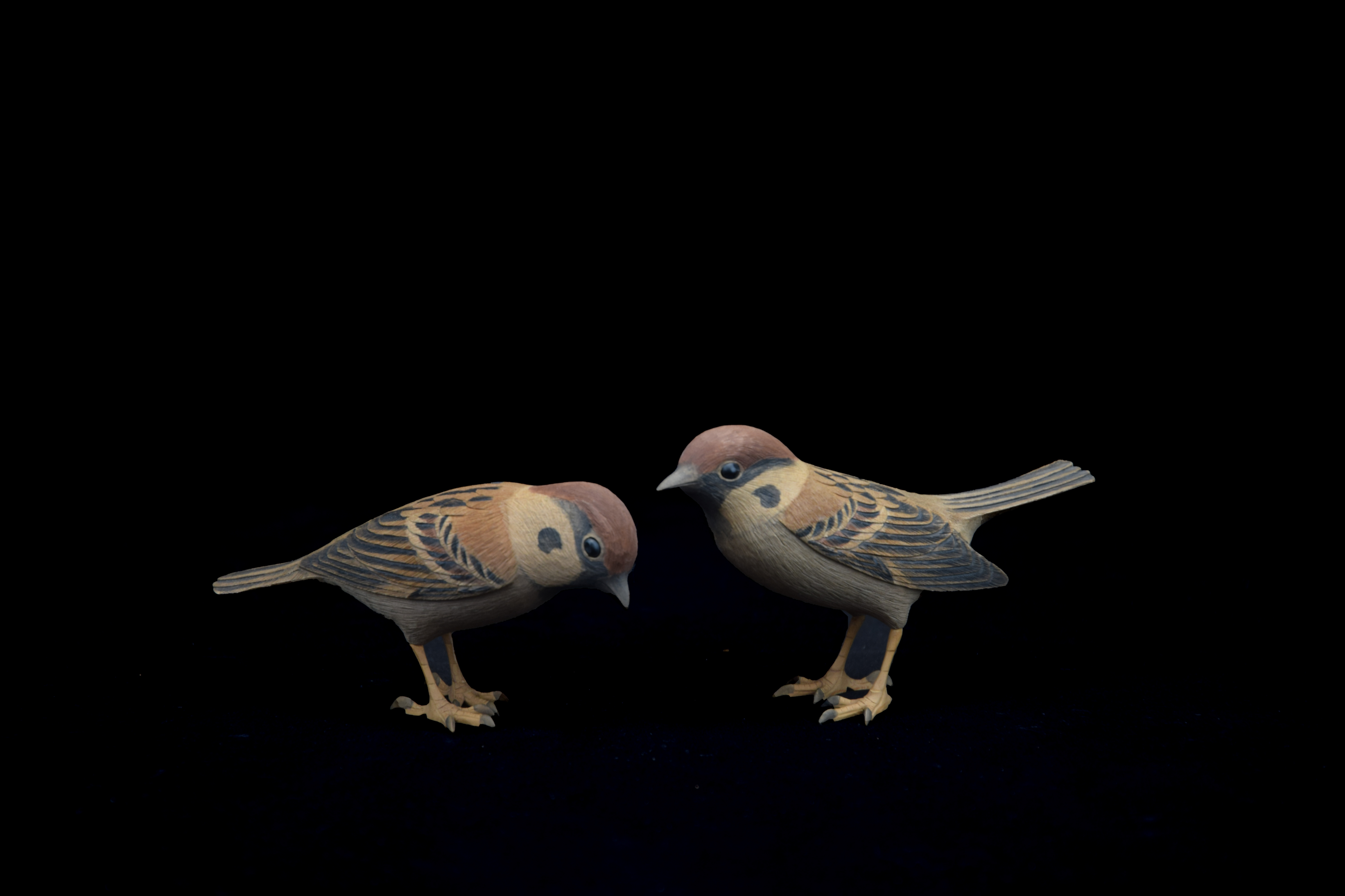 貨幣博物館 | 上野玉水作木彫雀置物 足指難あり 共箱 竹木