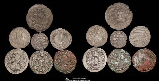 Sassanid&Kushan&Arabia  ササン朝ペルシア、クシャーノ・ササン朝銀貨4枚、他アラビア銀貨3枚 計7枚  