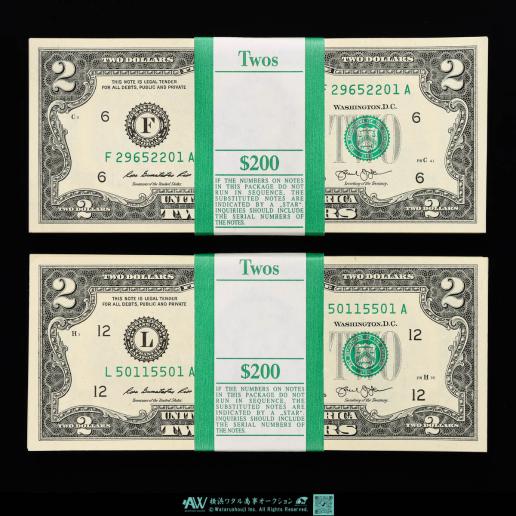 アメリカ　２ドル紙幣　100枚束　2束　未使用品  