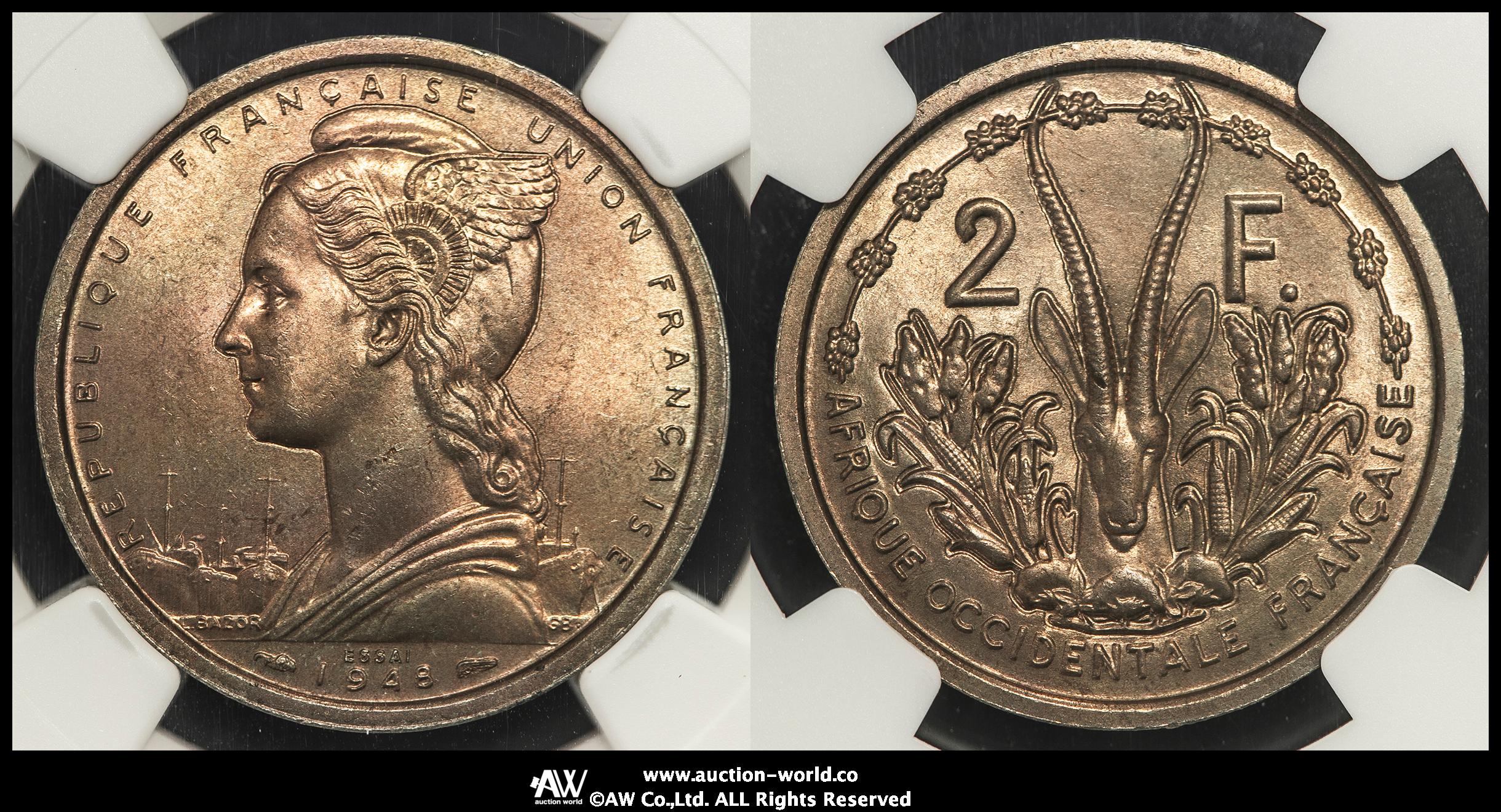 auction,NGC-MS64 FRENCH WEST AFRICA フランス領西アフリカ Essai 2Franc 1948 見本打ち UNC