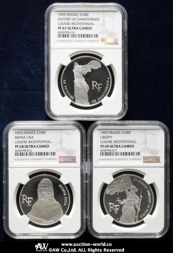 FRANCE 5th Rep 第五共和政（1958~）   100Francs in Silver 1993 保証書・オリジナルケース付 with cert and original case NGC-PF67,68,69 Ultra Cameo