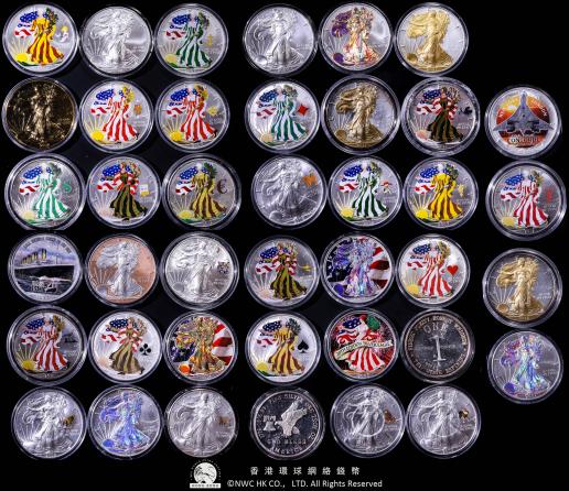 USA アメリカ合衆国 uncirculated silver Walking Liberty dollars coloured 約40枚組  One ounce 0.9993 sliver