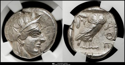 ATTICA,Athens アッティカ,アテネ AR Tetradrachm 440~404BC   右向きアテナ頭像/ふくろう 左上にオリーブ小枝と三日月 S-2526type 古代ギリシアで貿易銀として使われた最も有名な貨幣。（17.18g） NGC-Ch AU“Strike5/5 Surface4/5”