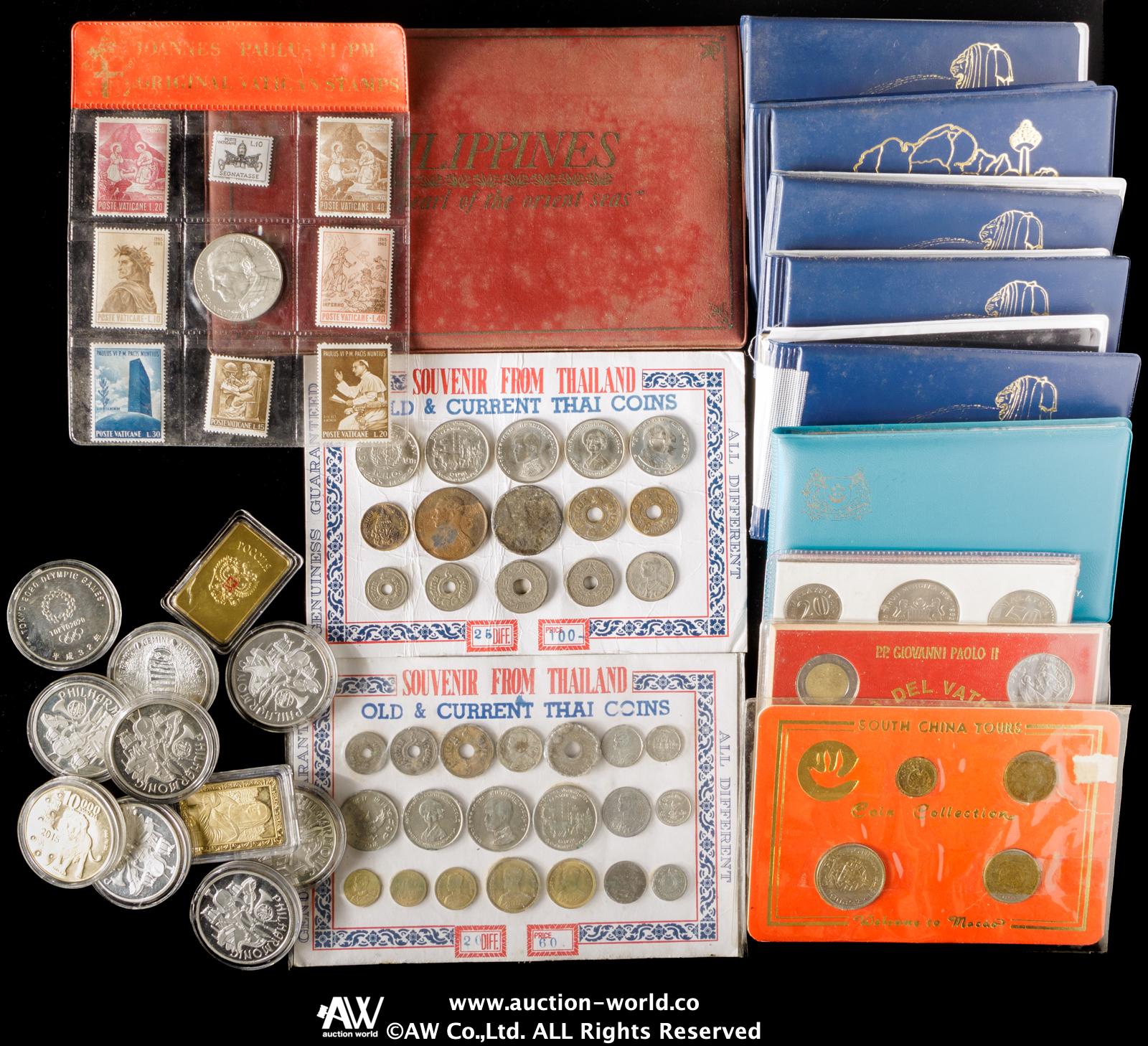 貨幣博物館 | Lot of Wolrd Coins 世界のコイン 各国切手コインセット（マレーシア・シンガポール（×6）,シンガポール,マカオ,バチカン（×2）,タイ（×2）,フィリッピン）  ,白銅メダル（×9）,白銅プレート（×2） フィリッピンコインセットは一枚欠け Mixed condition 状態混合