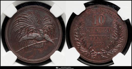 GERMAN NEW-GUINEA ドイツ領ニューギニア 10Pfennig 1894A   J-703 KM-3 極楽鳥 ベルリン NGC-MS63BN