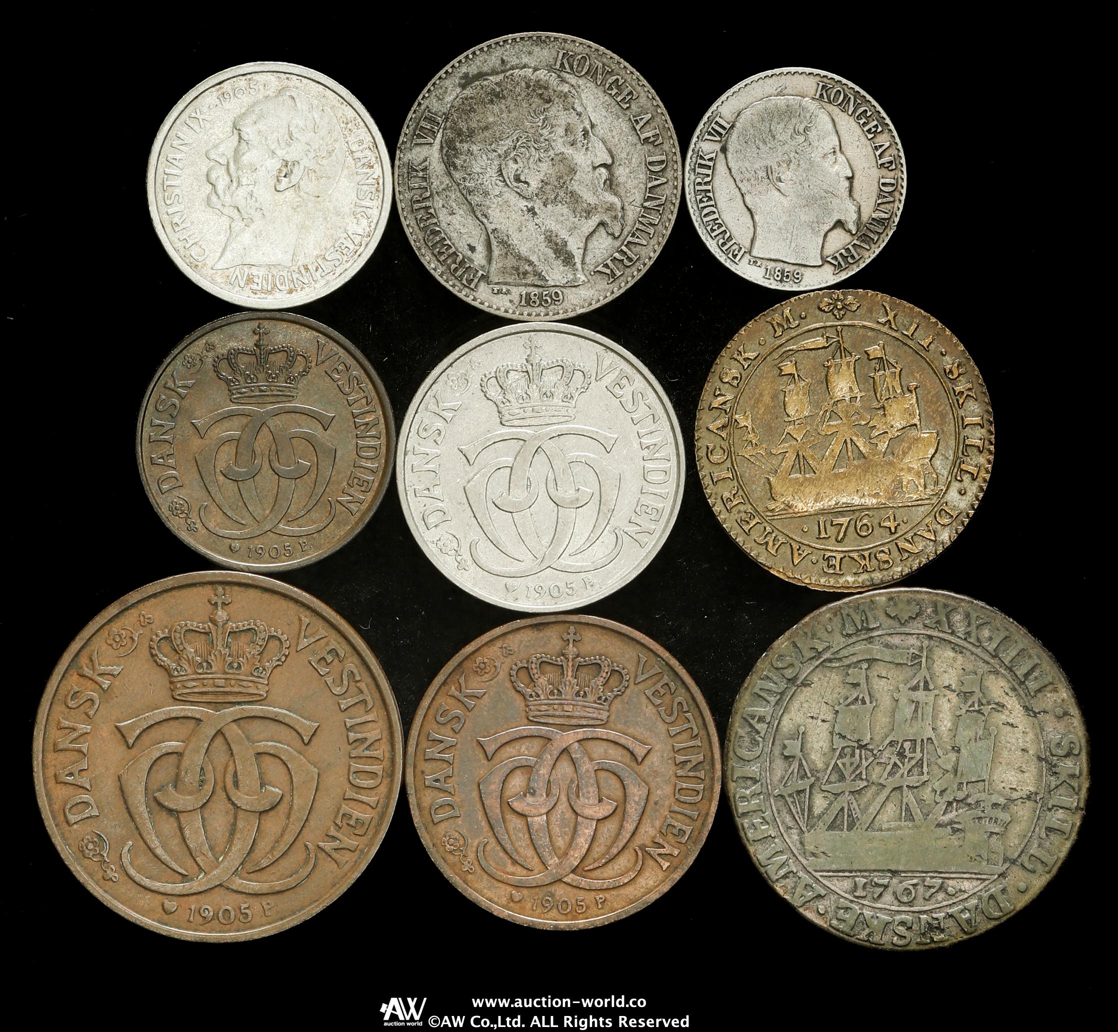 auction,DANISH WEST INDIES ISLANDデンマーク領西インド諸島のコインロット銀貨5枚を含む 計9枚