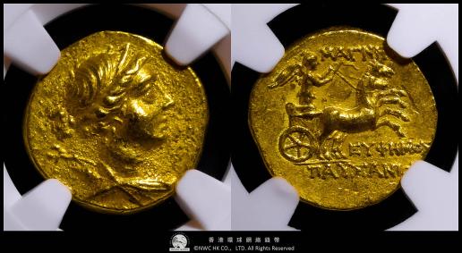 （NGC-AU）IONIA,Magnesia イオニア,マグネシア AV Stater mid-2nd Century BC  アルテミス右向き胸像/疾走するビガに立ち、右手にケントロン、左手に手綱を持つニケ FrｰUnlisted SｰUnlisted。Ca. 155-145 BC, Euphemus and Pausanius, magistrates. Draped bust of Artemis right, wearing stephane, hair gathered into knot at back of head, quiver and bow over shoulder / ΜΑΓΝΗΤΩΝ, Nike standing in car of galloping biga right, kentron in right hand, reins in left; ΕΥΦΗΜΟΣ below horses, ΠΑΥΣΑΝΙΟΥ below ground line. BMC Ionia -. SNG Von Aulock -. SNG Copenhagen -.