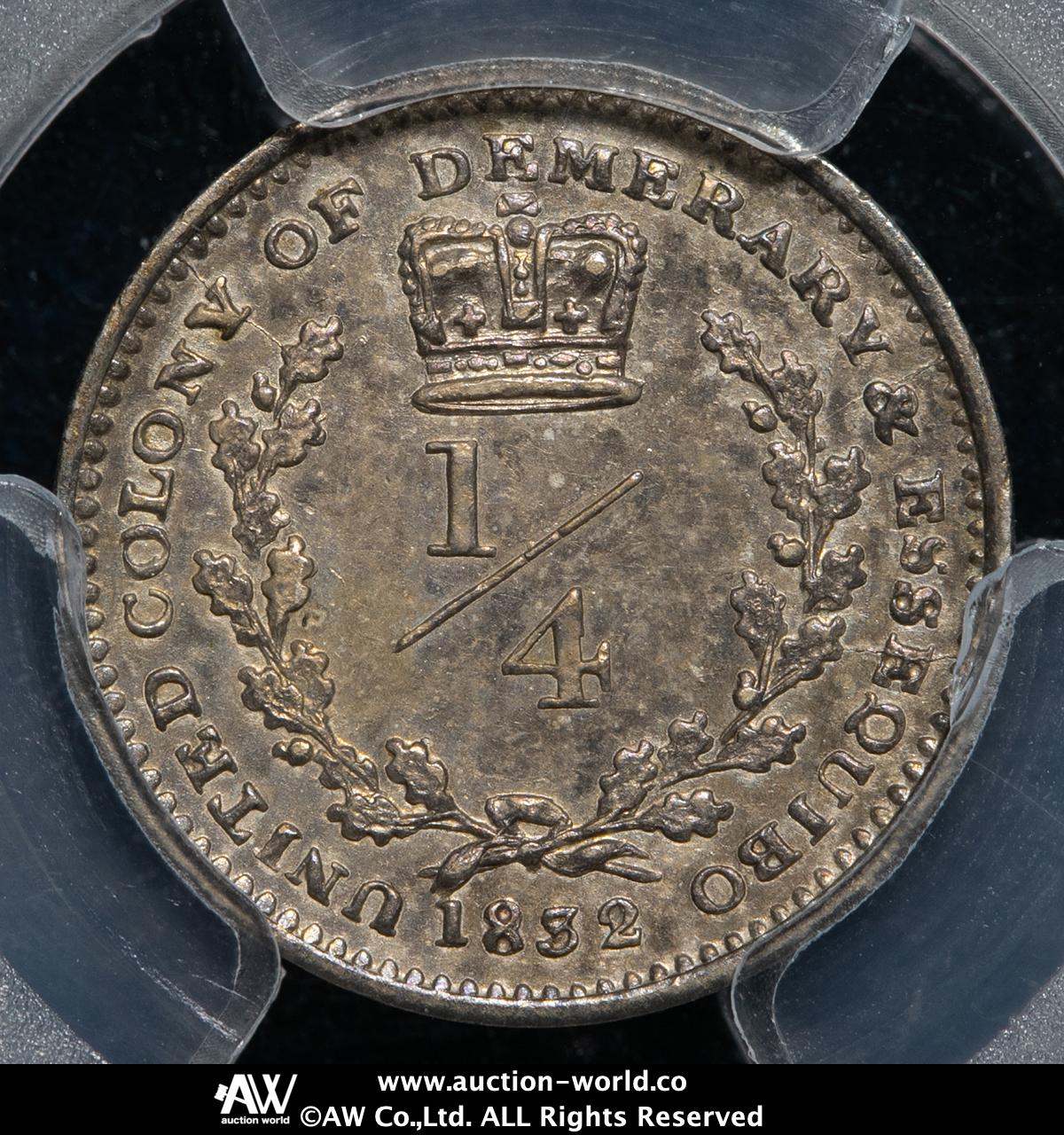 最高鑑定　1832年 イギリス領デメラリ植民地エセキボ 1/4ギルダー 最高鑑定 1832年 イギリス領デメラリ植民地エセキボ 1/4ギルダー