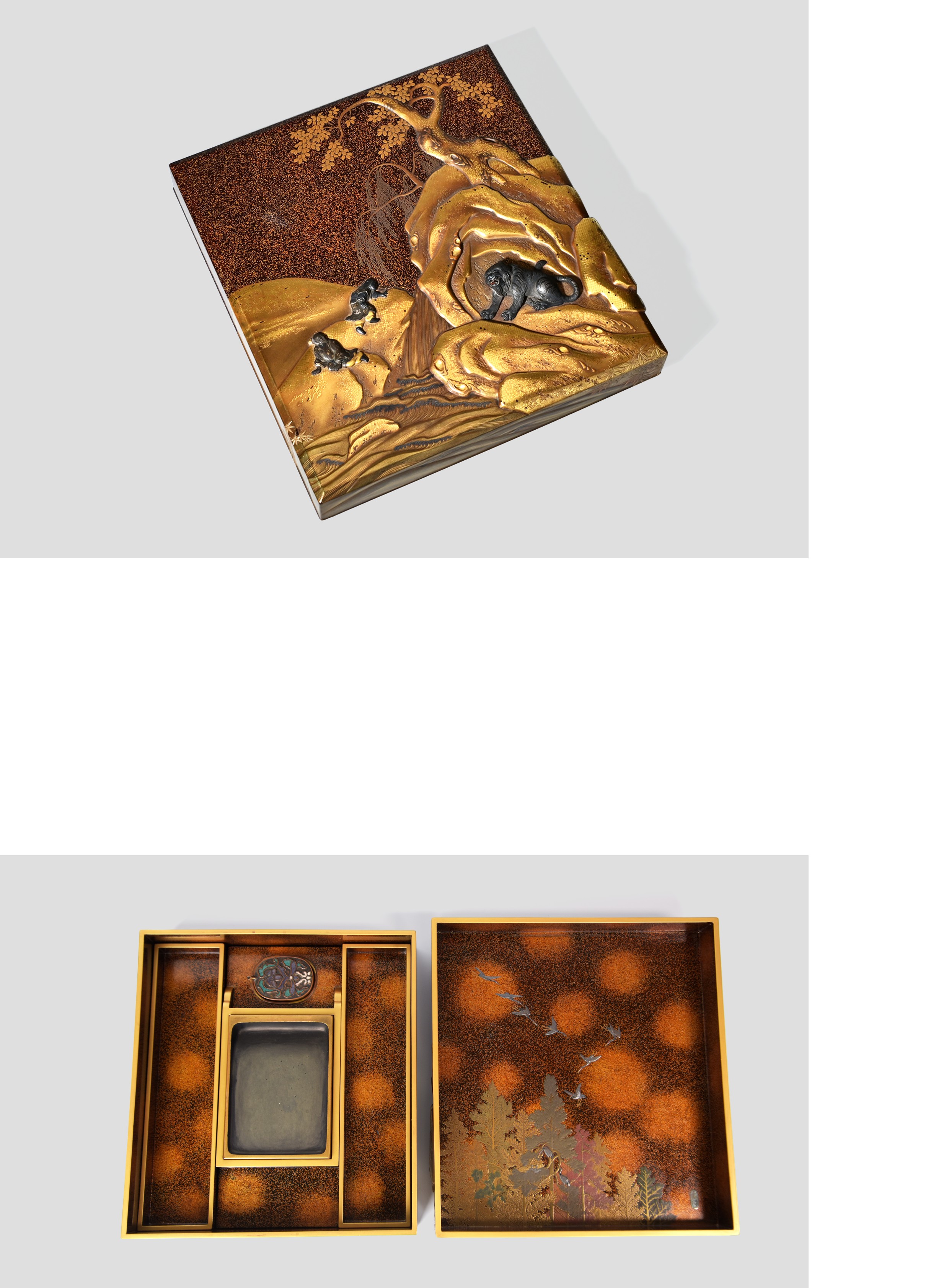 貨幣博物館 | 岩間政盧作人物虎紋金工象嵌山水図金梨地蒔絵硯箱