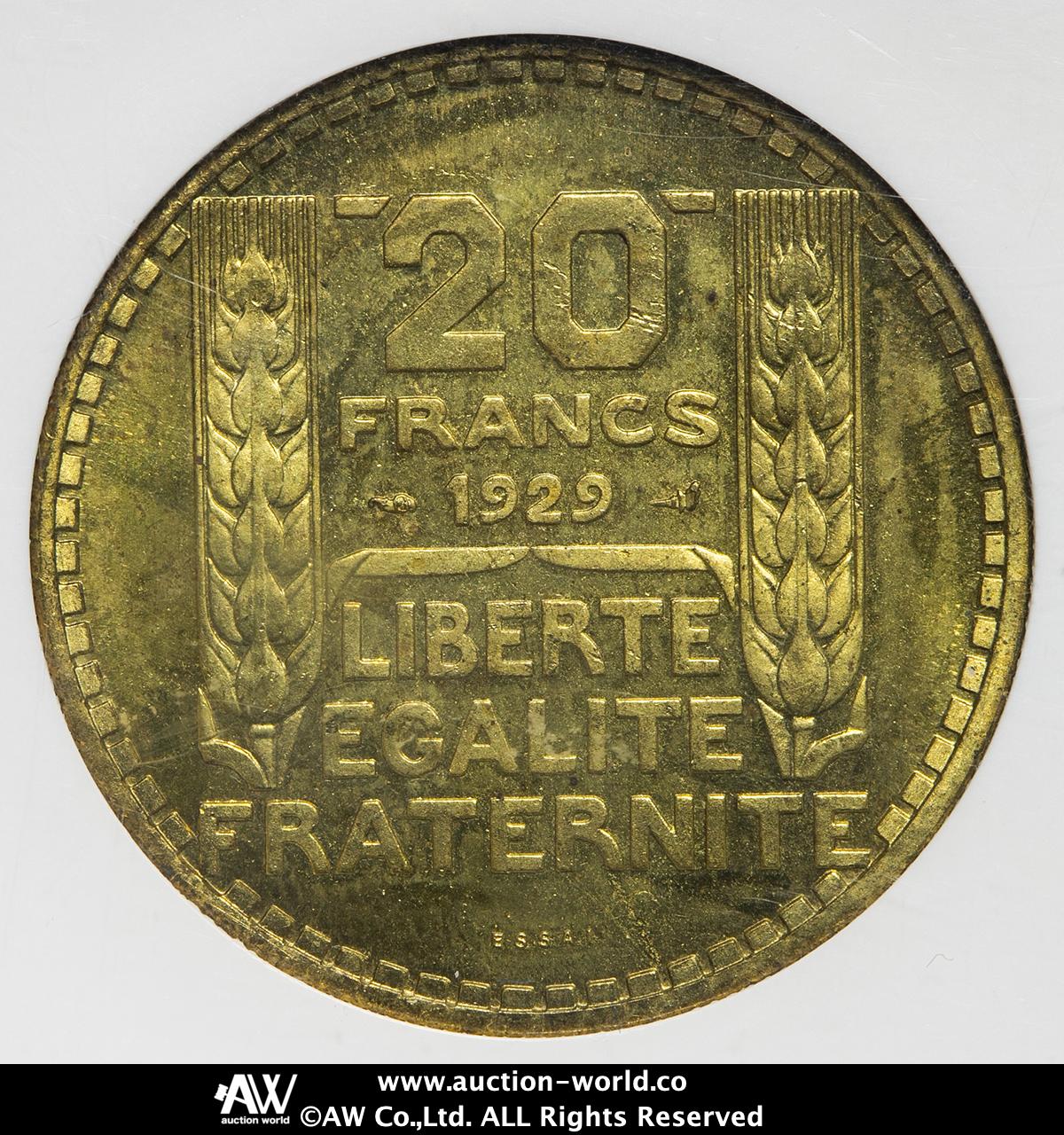 1929年 フランス第三共和政 マリアンヌ20フラン銀貨 PCGS認証 フランス 1908 20フラン 金貨 PCGS MS66 マリアンヌ 40480362