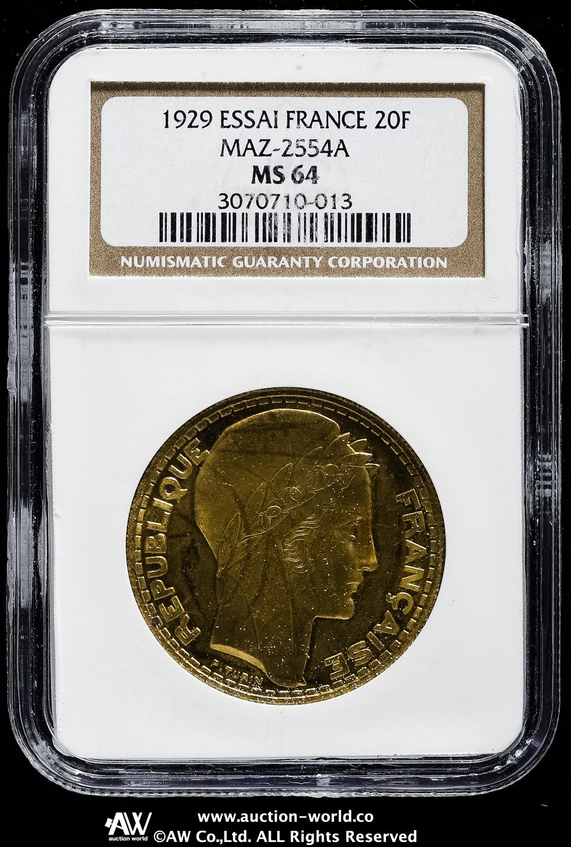 1929年 フランス第三共和政 マリアンヌ20フラン銀貨 PCGS認証 フランス 1908 20フラン 金貨 PCGS MS66 マリアンヌ 40480362